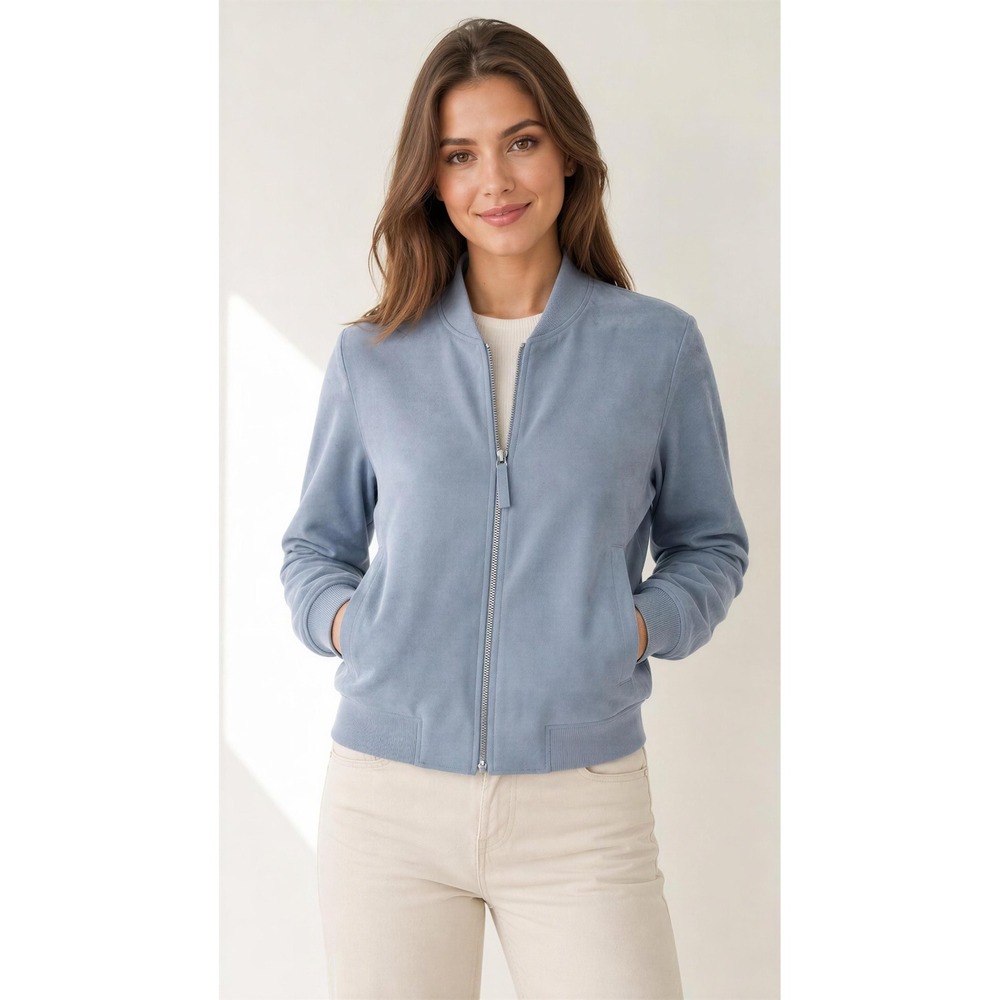 House of Harlow 1960 Faux Suede Bomber Jacket Light Blue Zip Front NWT Small